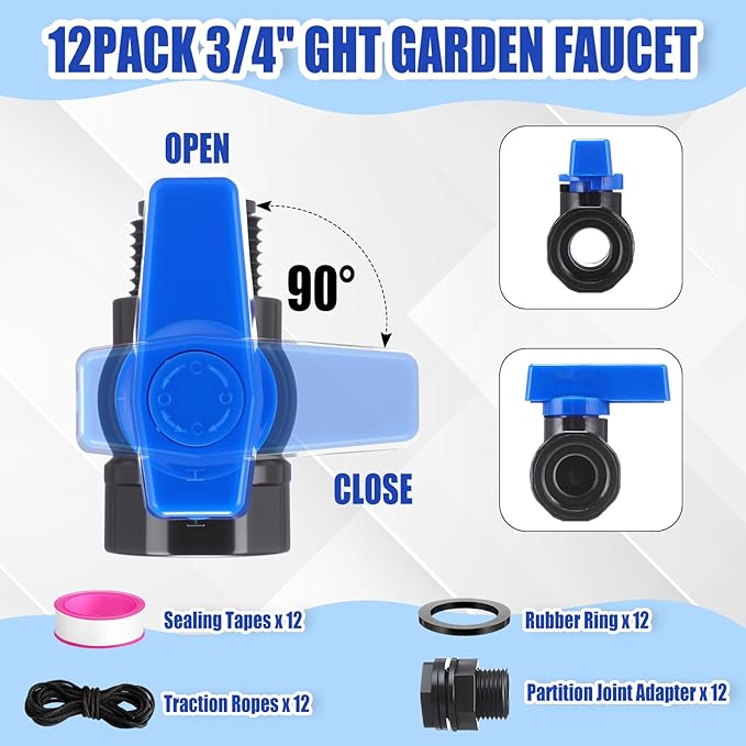 12 Packs Rain Barrel Spigot Kit 3/4" GHT Heavy Duty Plastic Garden Hose Shut Off Ball Valve Water Garden Hose Connector for Rain Barrels Telescopic Water Pipe(PVC Valve)