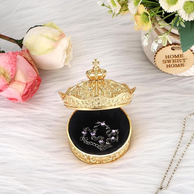 Hipiwe Vintage Jewelry Box Small Trinket Holder for Earrings Necklaces Gold Rings Storage Organizer Crown Design Treasure Chest Gift for Woman, Small
