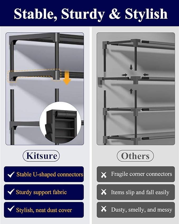 Kitsure 10-Tier Shoe Rack with Cover, Vertical Shelf, 17.5" Wide, Black