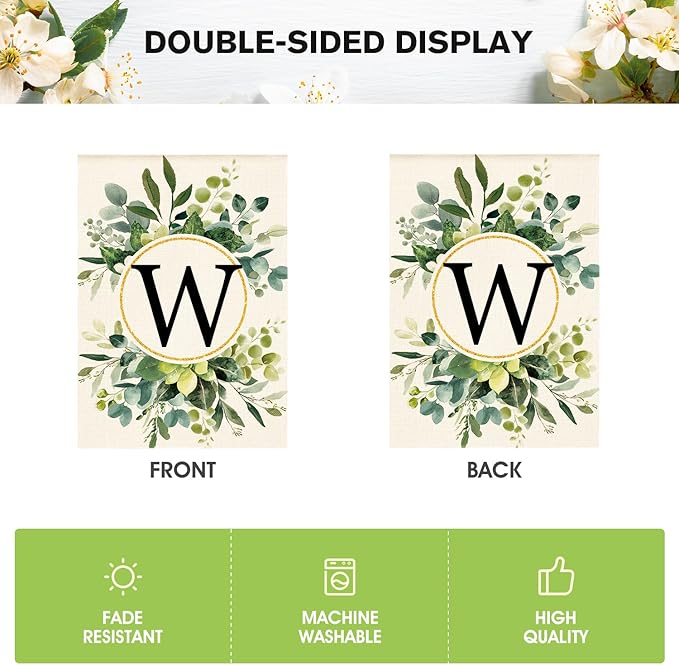 AVOIN colorlife Monogram Letter W Floral House Flag 28x40 Inch Double Sided Outside, Family Last Name Initial Yard Outdoor Decoration