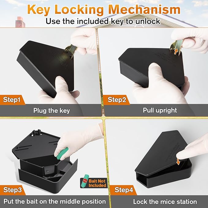 Anblak Mouse Station with Keys Black 6 Pack, Key Required Mouse Stations, Mice Stations, Keeps Children and Pets Safe Indoor & Outdoor
