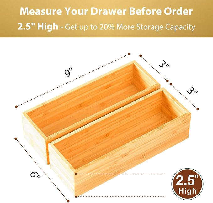 Umilife Bamboo Kitchen Drawer Organizer, Extra High Silverware Tray, Flatware Cutlery Storage Box, Multi-Use Holder in Office, Bathroom, Pantry - 9"x3"x2.5" (Set of 2)