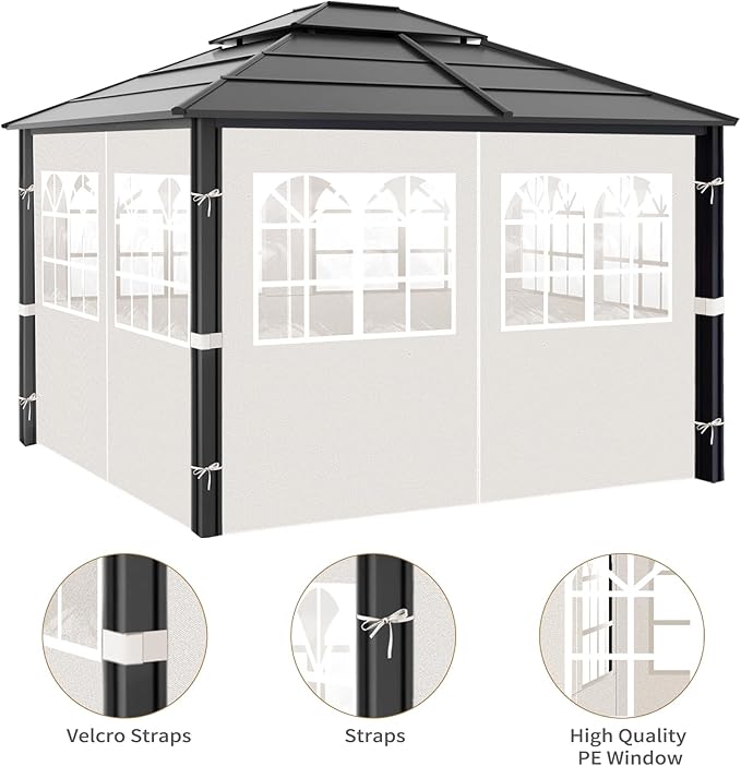 Gazebo Privacy Curtains 10' x 10' with PVC Windows, 4-Panels Side Wall with Zipper Universal Replacement for Patio, Outdoor Canopy, Garden and Backyard, Beige