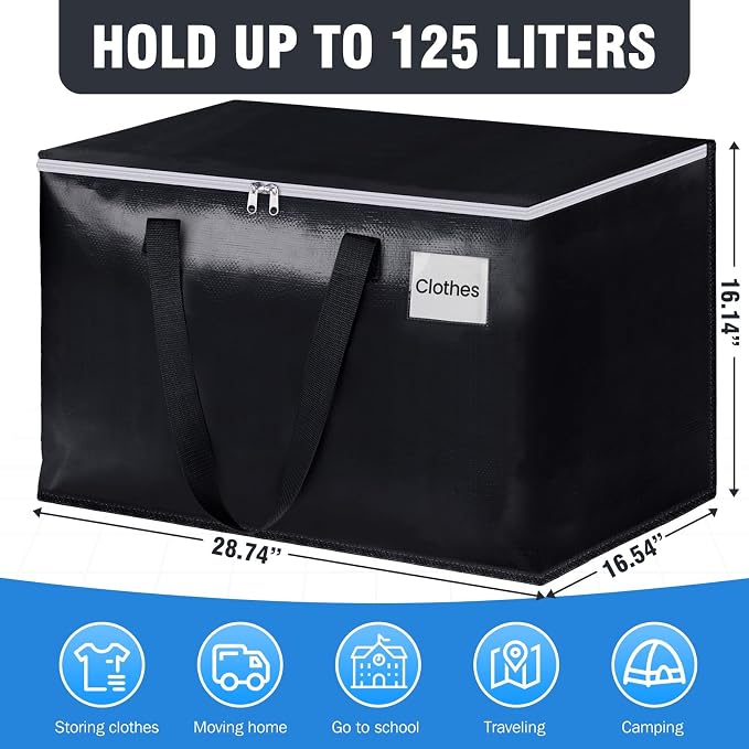 Heavy Duty Moving Bags, Extra Large Storage Bags, 125L, 4-Pack, Black