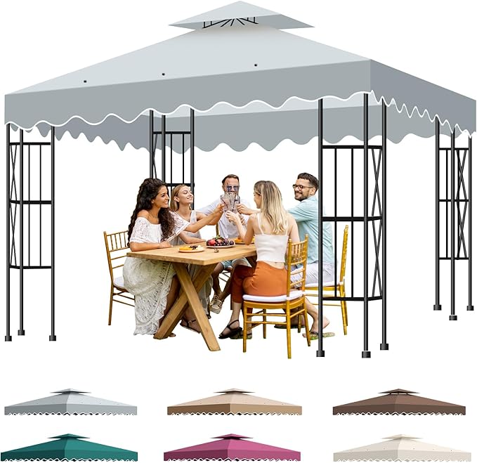 10x10 Double Tiered Gazebo Replacement Canopy, Upgraded 300D Polyester Heavy Duty Canopy Cover Top with Air Vent, Waterproof Gazebo Cover Roof for Outdoor Patio Garden(Grey, Wavy Edge)