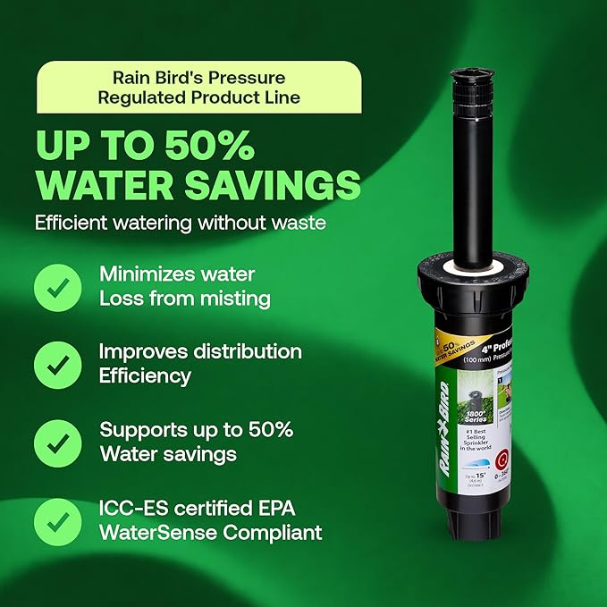Rain Bird 1804APPRS Pressure Regulated 1800 Series Dual Spray 4 Inch Pop Up Sprinkler Head, 4 Pack - Water Efficient Lawn Sprinkler with 360 Degree Pattern, 1/2 Inch NPT, Up to 15 Ft Spray Distance