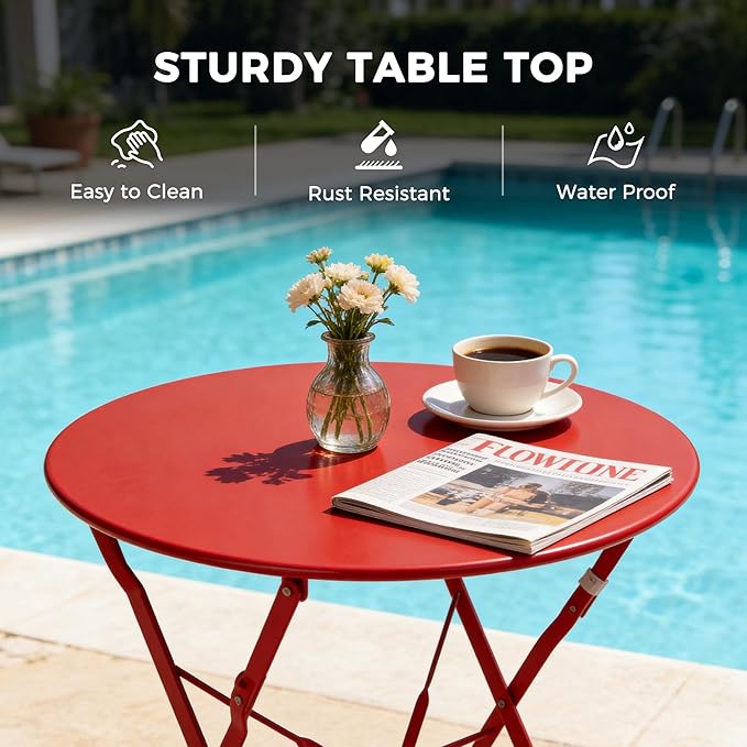 Grand patio 3-Piece Folding Bistro Set, 2 Chairs and 1 Table, Weather-Resistant Outdoor/Indoor Conversation Set for Patio, Yard, Garden -Dark Red