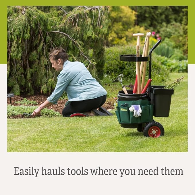 Gardener's Supply Company Heavy Duty Mobile Tool Storage Caddy | All in One Easy-Roll Garden Utility Cart Carrier | Includes 5-Gallon Bucket & Fabric Organizer with Multiple Pockets