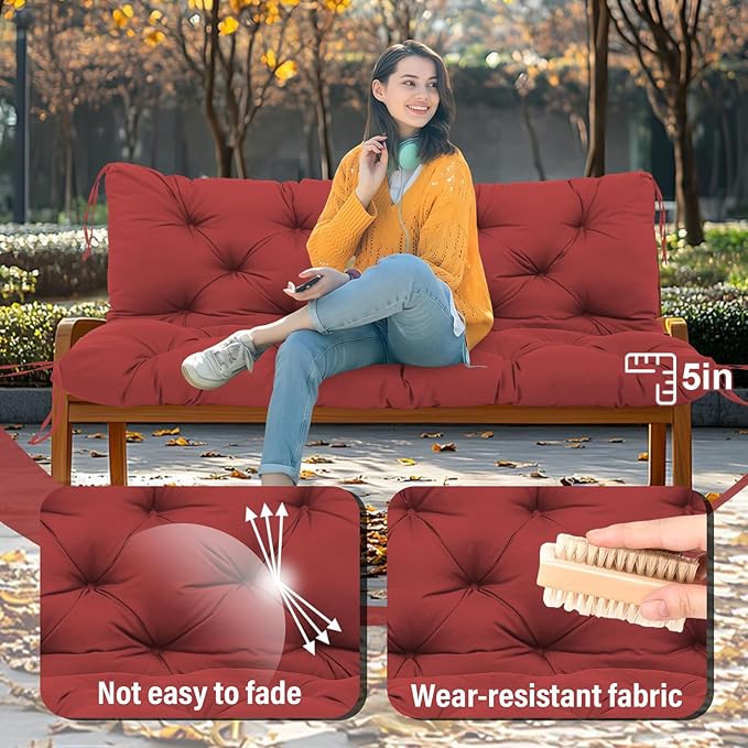 Premium 5" Thick Waterproof Porch Swing Cushions Sturdy Durable 2 Seat Replacement Outdoor Swing Cushions with Backrest&Ties Bench Cushion for Outdoor Furniture Backyard Patio Garden（Wine Red）