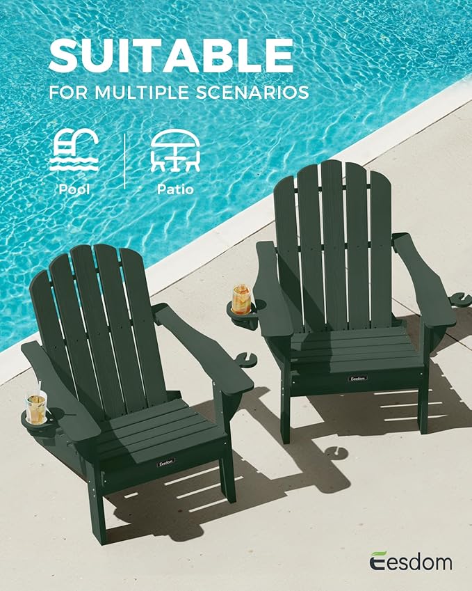 Adirondack Chairs Set of 2, HDPE Material Fire Pit Chairs, Plastic Adirondack Chairs with 2 Cup Holder, Outdoor Lawn Chair for Patio Garden, Green