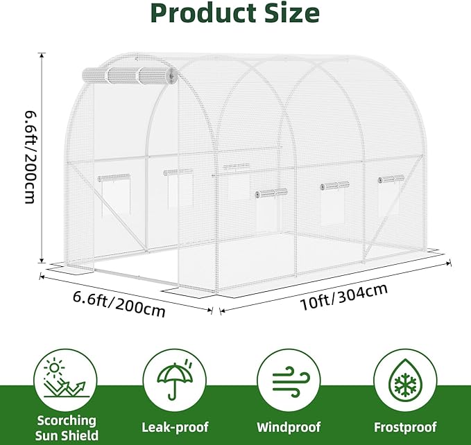 Superlele 10x7x7FT Tunnel Greenhouse for Outdoors, Heavy Duty Walk in Greenhouse, Large Garden Green House with Reinforced PE Mesh Cover, 6 Windows with Screen, Stakes and Ropes, White