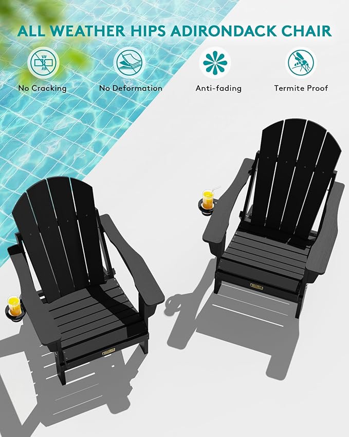 SERWALL Folding Adirondack Chair Set of 2, All Weather Adirondack Chairs with Cup Holder for Patio Garden Outdoors Fire Pit - Black