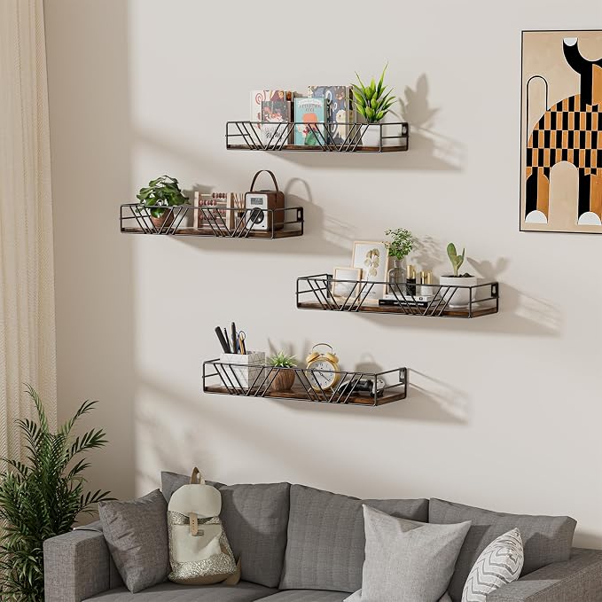 Floating Shelves for Wall, 4 Sets Rustic Shelf with Metal Frame