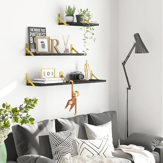 YGEOMER 4 Different Sizes Floating Shelves for Wall Decor, Black and Gold | Rustic wood shelves in mixed sizes for flexible combined storage. Fits bathroom, kitchen, living room, bedroom and office.