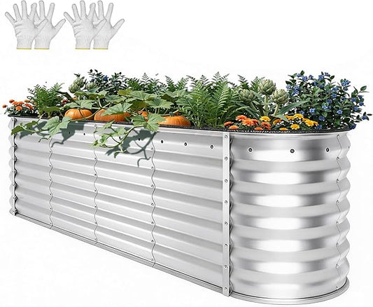 YITAHOME 8x2x2ft Large Raised Garden Bed Kit, 24" Tall 9 in 1 Galvanized Metal Planter Box with Gloves and Safety Rubber, Outdoor Above Ground Planters for Plants Vegetables Flowers, Silver