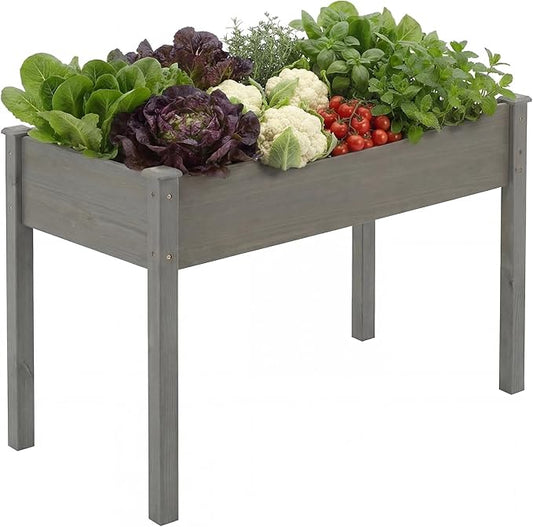 DUMOS Raised Garden Bed with Legs, 48x24x30 Inch Planter Box Outdoor with Liner for Herbs Flowers Vegetables, Elevated Wooden Garden Bed for Patio, Balcony and Backyard, Grey