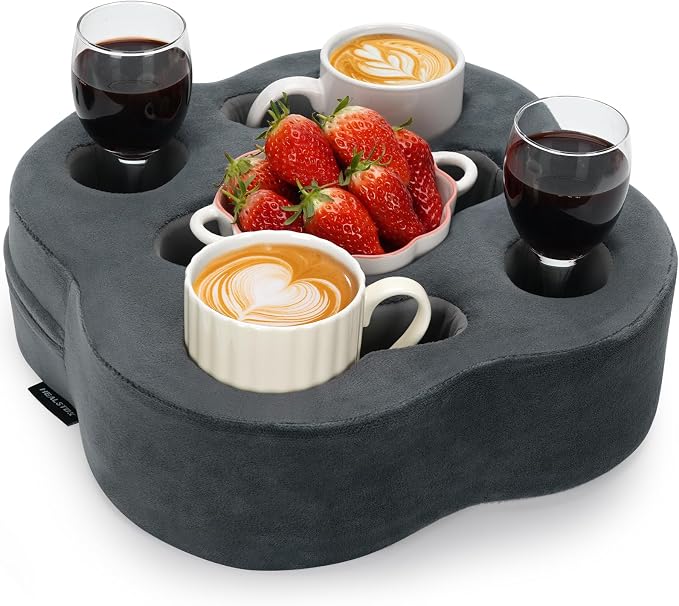 Couch Cup Holder Pillow, Sofa Organizer Caddy, Grey, 12x12x3.7Inch | Tray Pillow, Sofa Pillow Drink Tray Bed Refreshment Caddy for iPad, Drinks, Remotes, Phones, Snacks, Removable, Washable