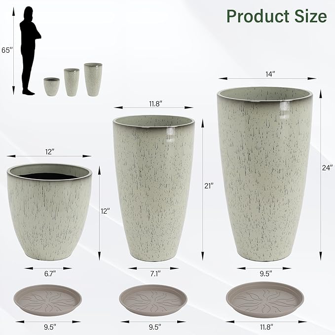 Neoaider 24/21/12 Inch Large Plastic Planter, Lightweight Ceramic-Look Tall Planters with Drain Hole & Saucers, Tall Plastic Planters for Porch, Garden, Patio, Balcony(Drip Glaze)