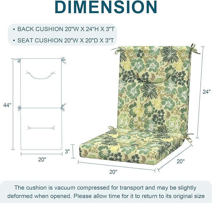DYTXIII Outdoor High Back Chair Cushions Set of 2, 44x20 in Water Repellent Patio Seat Cushions with Elastic Sponge, All Weather Cushions for Rocking, Dining Chairs, Patio Furniture - Green Rose