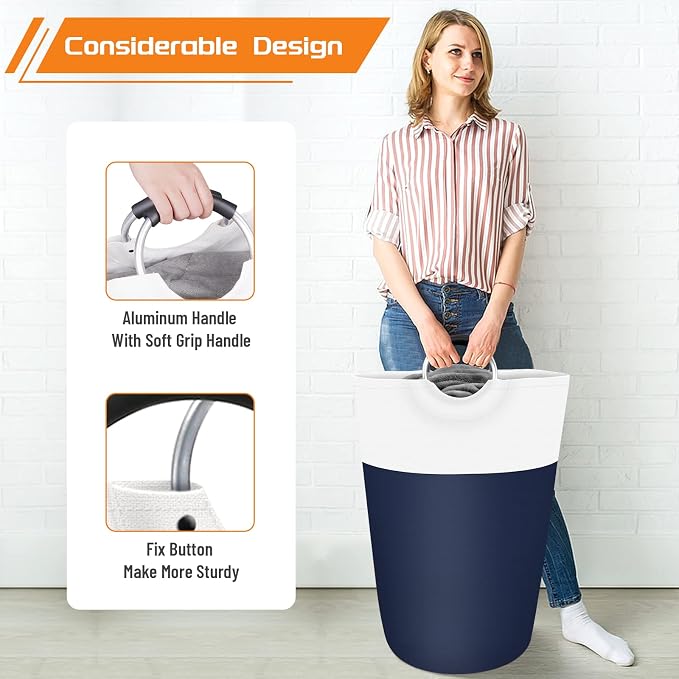 BlissTotes 115L Laundry Basket, Freestanding Collapsible Hamper, Blue | Collapsible Dirty Clothes Hamper, Foldable Laundry Bag for Dorm, Waterproof Fabric, Padded Aluminum Handles