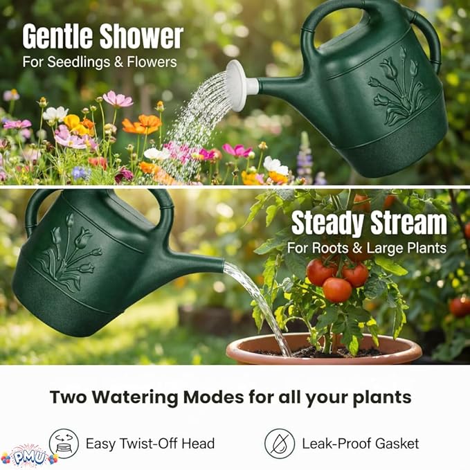 PMU 2 Gallon Watering Can - Garden Watering Can for Indoor & Outdoor Plants - Plastic Water Can with Detachable Sprinkler Head - Large Water Pot, Made in USA - Hunter Green Pkg/6