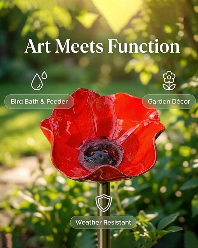 Metal Flower Garden Stakes Bird Bath Bowl, Handmade Resin Hummingbird Bath Cup, Pollinator Watering Station with Tall Fountain, Weather-Resistant Bee Butterfly Puddler Decor for Outdoor Lawn Yard (1)