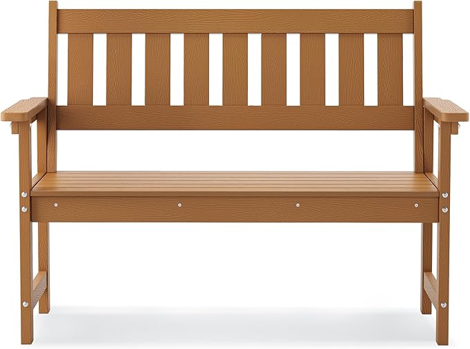 LUE BONA Outdoor Bench, 2-Person HDPS Garden Bench, Outdoor Benches Weatherproof, All-Weather Fade/Rot Resistant Patio Bench for Park, Front Porch, Backyard (Brown-Oil Printed)