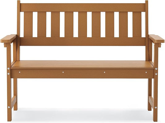 LUE BONA Outdoor Bench, 2-Person HDPS Garden Bench, Outdoor Benches Weatherproof, All-Weather Fade/Rot Resistant Patio Bench for Park, Front Porch, Backyard (Brown-Oil Printed)
