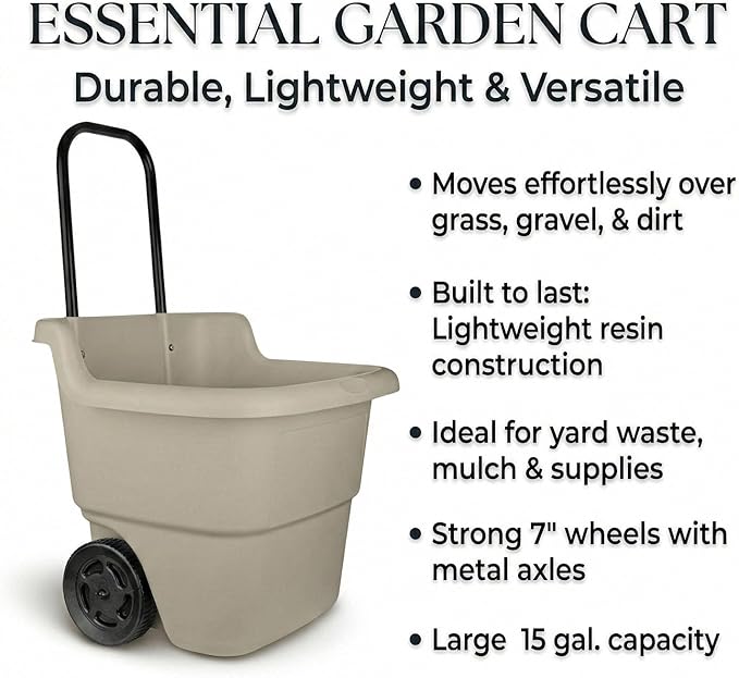 15-Gallon Rolling Garden Cart & Utility Wagon – Lightweight Resin Yard Waste Bin with Telescoping Handle & 7-Inch Wheels – Portable Outdoor Organizer for Lawn, Mulch, Firewood (Beige)