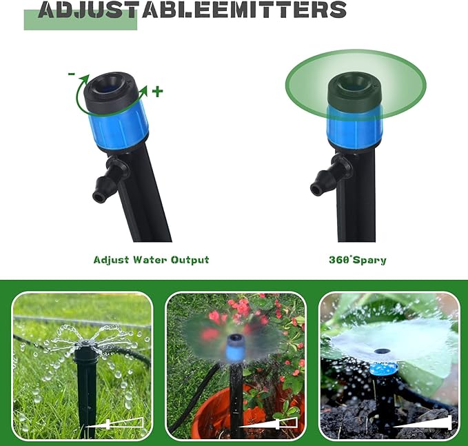 Mudder 100 Pcs 5.2 Inches Drip Irrigation Emitters for 1/4 Inch Drip Irrigation Tubing 360 Degree Adjustable with Arrow Stake Fan Sprayer for Garden Watering System