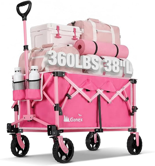 Gonex 220L Collapsible Foldable Wagon Cart with 360lbs Weight Capacity, 38''L Folding Utility Garden Cart with Detachable Wheels for Grocery Sports Shopping Camping - Pink