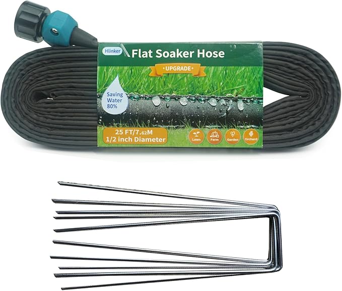 Hlinker 2026 Flat Soaker Hose 25 ft with Stake for Garden, Linkable Drip Hose Diy Automates Garden Irrigation System Saving 82% Water, Dual-layer Leak-free Design Water Hose with Holes
