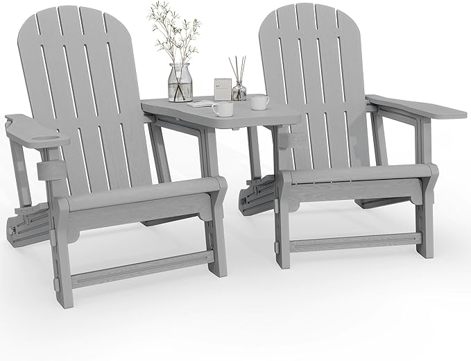 Vongrasig Adirondack Chairs Set of 2 with Removable Tabletop, Outdoor HDPE Plastic Fire Pit Chair Set with Wooden Textured, Cup Holder for Patio, Poolside, Deck, Garden, Light Grey, 3 Pieces