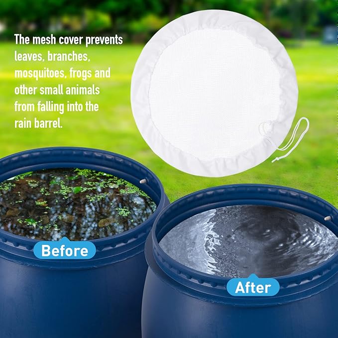 2 Pieces Mesh Cover for Rain Barrels with Drawstring, Water Collection Buckets Tank Protector, Rainwater Bucket Netting Screen Cover for Outdoor Garden, 37.4 Inches, White+Black