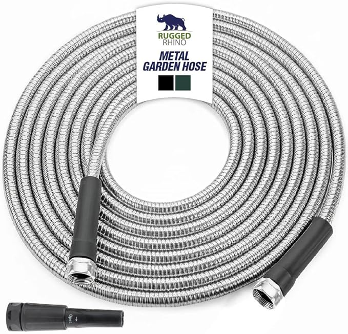 RUGGED RHINO Metal Garden Hose with Spray Nozzle, 75FT, 304 Stainless Steel, 750 PSI Burst Strength, Heavy Duty Flexible Water Hose, Kink Resistant, Leakproof for Yard, Lawn and Outdoor Use, Black