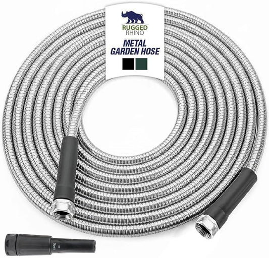 RUGGED RHINO Metal Garden Hose with Spray Nozzle, 304 Stainless Steel, 750 PSI Burst Strength, Heavy Duty Flexible Water Hose, Kink Resistant, Leakproof for Yard, Lawn and Outdoor Use, Black 25FT