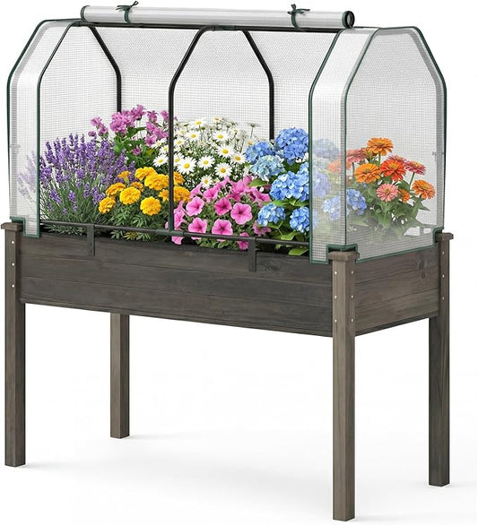 S AFSTAR Raised Garden Bed with Greenhouse Cover, Elevated Wooden Planter Box, 47”L x 24”W x 30”H, Outdoor Gardening Planting Bed for Vegetables Flowers & Herbs Grow Backyard Patio Lawn