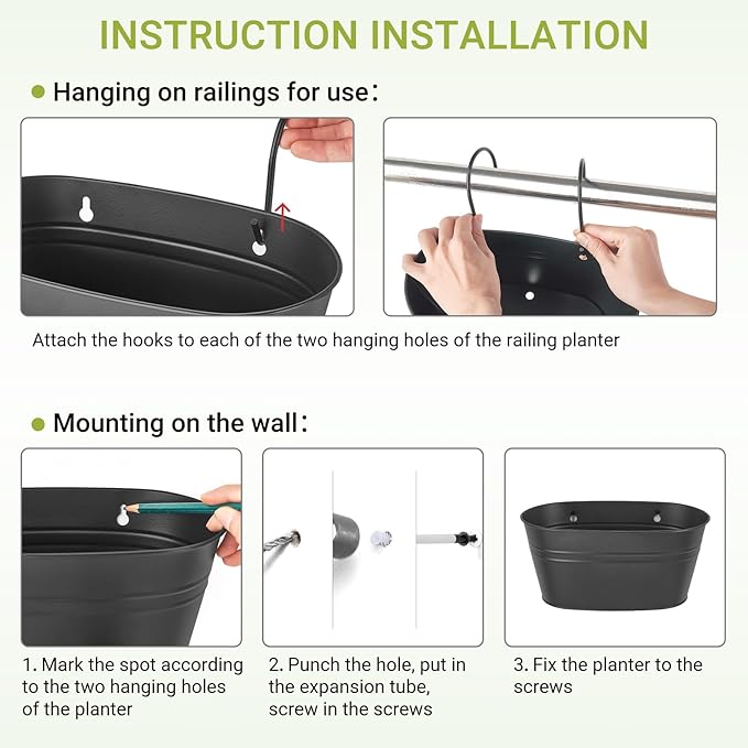 Dahey 3 Pcs Metal Hanging Flower Pots for Railing Fence 10.6 Inch Wall Planters for Indoor Plants Outdoor Countryside Window Flower Holder with Hooks Drainage Holes for Garden Yard Home Decor, Black
