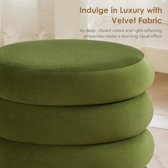 Flouki 19.5" Storage Ottoman Round, Vanity Stools for Bedroom, Entryway Ottoman for Console Table, Ottoman Stool for Girls Women, Foot Stool for Living Room, Set of 2, Velvet Green