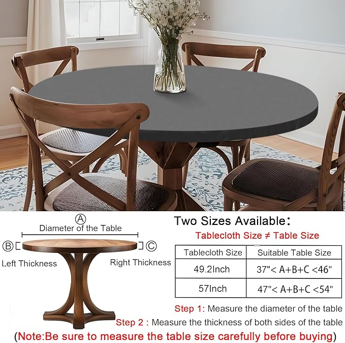 Fitted Dark Grey Black Round Tablecloth for 45-54" Tables Modern Non Slip Water Resistant Table Covers Spring Autumn Outdoor Garden Essential College Dorm Things Apartment Kit