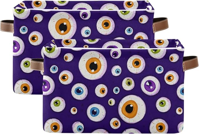 Wamika Halloween Eyes Storage Basket with Waterproof Liner and PU Handles Blue Spooky Ghost Storage Bins Boxes 14.2" Collapsible Decorative Organizer Baskets for Bedroom Closet Office 2 Pack