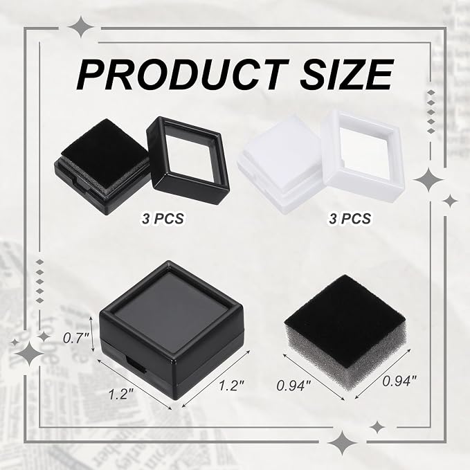 MECCANIXITY 6Pcs Gemstone Display Box, 1.2x1.2x0.7inch Acrylic Small Diamond Cases Square Jewelry Boxes Container with Sponge Cushions Clear Lids for Gems Coins Ring Crystal, White，Black