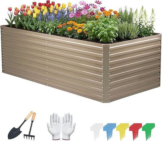 DTIG Galvanized Raised Garden Bed for Vegetables Flowers Herbs, Tall Metal Raised Garden Bed Kit with Garden Tools, Gloves, Plant Labels, Brown 6×3×2FT