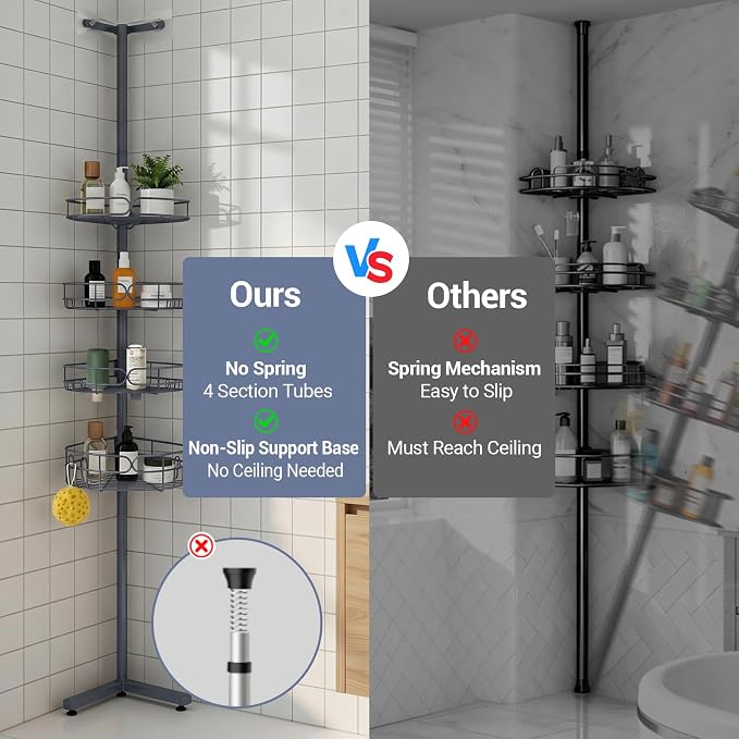 Standing Shower Caddy Corner, 4-Tier Adjustable Height Bathroom Organizer, 6-Section Pole, Sturdy Floor Standing Shelf for Shower – No Drilling, No Spring Tension (Gray)