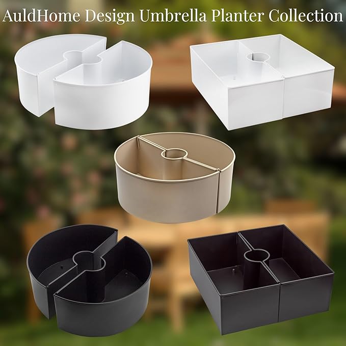 AuldHome Design Umbrella Planter for Patio Table (Black Square), w/Umbrella Hole, Enamelware Rectangular Planter Pots (Pack of 2)