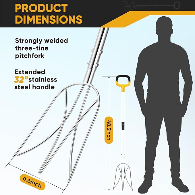 AugFir Pitchfork for Gardening, 48.5" Extendable Stainless Steel Garden Pitchfork with Handle, Suitable for Digging, Fertilizing, Transplanting, Multifunctional Garden Fork - 3 Tines