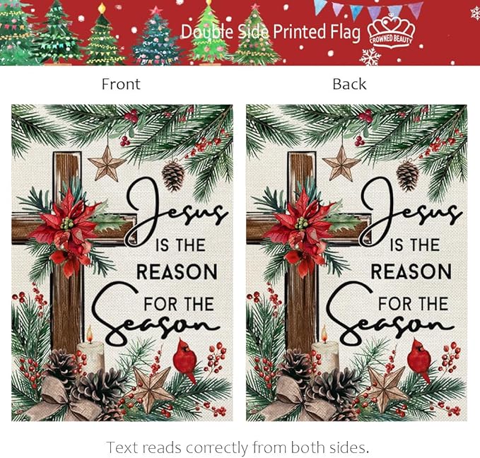 CROWNED BEAUTY Christmas Garden Flag Jesus Is the Reason for the Season 12x18 Inch Double Sided Religious Cross Decoration for Outside Yard CF1890-12