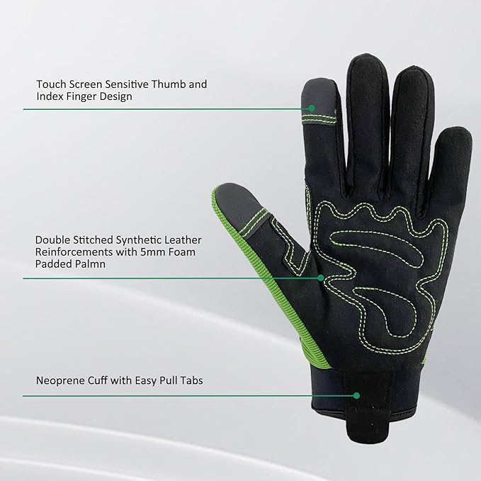 Safety Work Gloves,Multipurpose Working Gloves for Men,Multifunctional Synthetic Leather Spandex Mechanic Gloves,Gardening Glove Gifts for Men,Tounchscreen (Green, Large), 24096001-3