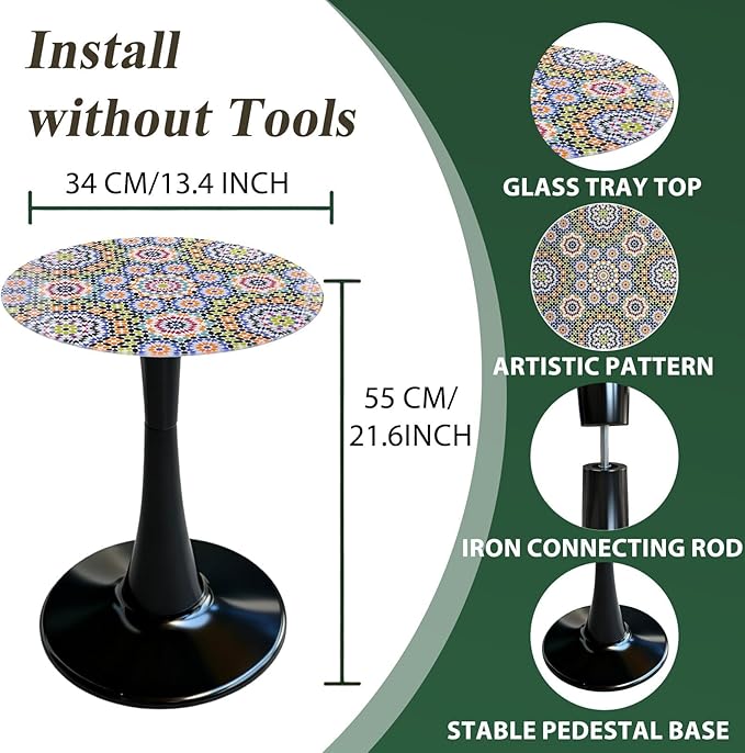 Simmer Stone 13.4" Outdoor Side Table, Round Patio Bistro Table Printed Tempered Glass Top, Waterproof Rust-Proof Base, Small Plant Stand for Balcony, Garden, Deck, 21.6" H (Morocco)