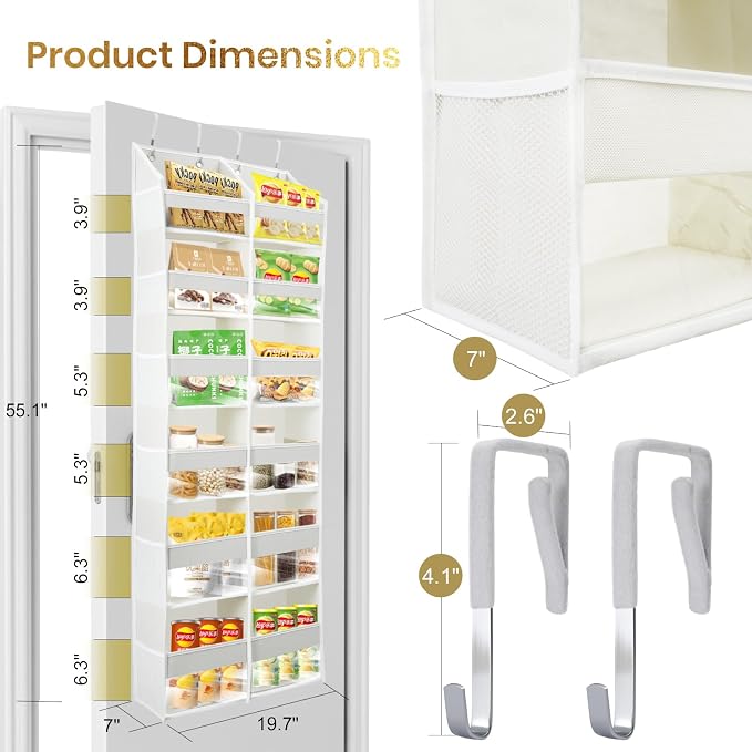 HOMELUX THEORY Over the Door Organizer, 6-Tier XL, 100D Fabric, Ivory | Extra wide over the door organizer, 65 lb capacity, 12 side mesh pockets, heavy-duty 100D fabric, bedroom & nursery storage
